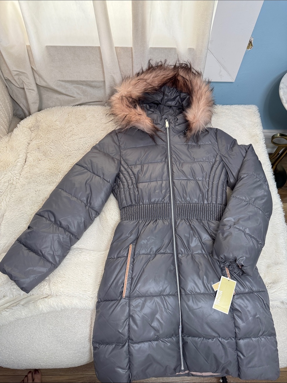Michael Kors Gray Long Puffer Coat with Faux-Fur Trim